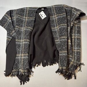 Eivissa Women's Plaid Fringe Cardigan Wrap One Size‎ Reversible Black
